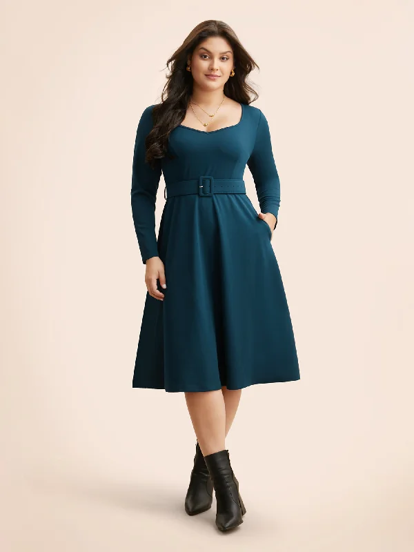 Solid Heart Neckline Belted Dress