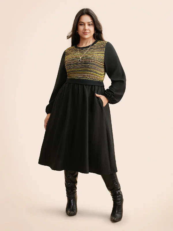 Striped Patchwork Texture Lantern Sleeve Dress