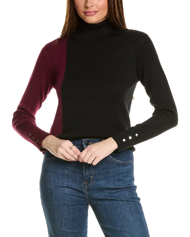 T Tahari Turtleneck Colorblocked Rib Pullover