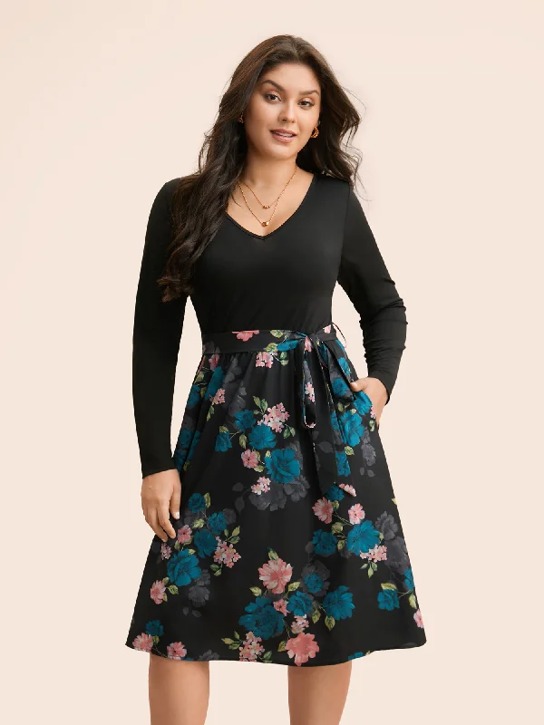 V Neck Floral Patchwork Belted Dress