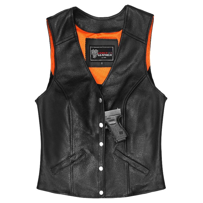 Vance Womens Black Five Snap Lady Biker Leather Motorcycle Vest