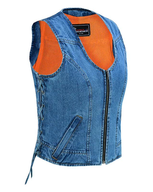 VB1042 Women's Blue Denim V Neck Vest with Zipper & side laces