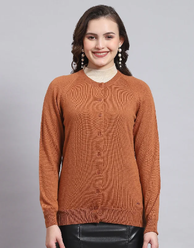 Women Brown Solid Round Neck Full Sleeve Sweater