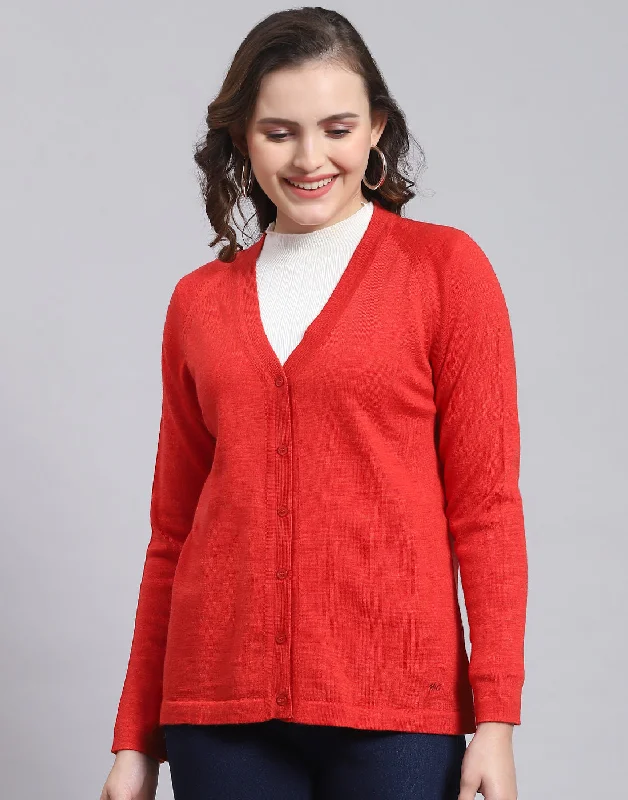 Women Red Solid V Neck Full Sleeve Sweater