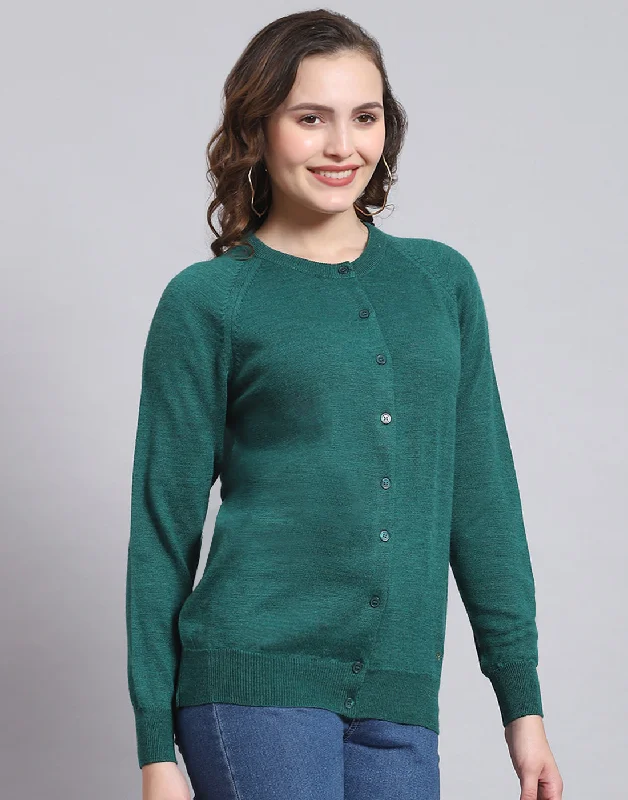 Women Teal Blue Solid Round Neck Full Sleeve Sweater